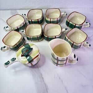 Vintage Blair Pottery Gay Plaid Square Coffee Set Creamer Sugar 8 Cups 10Pc